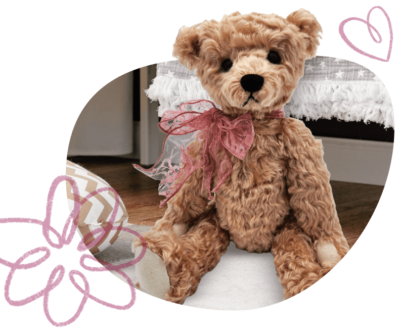 Ruth bear with hearts and flower graphics